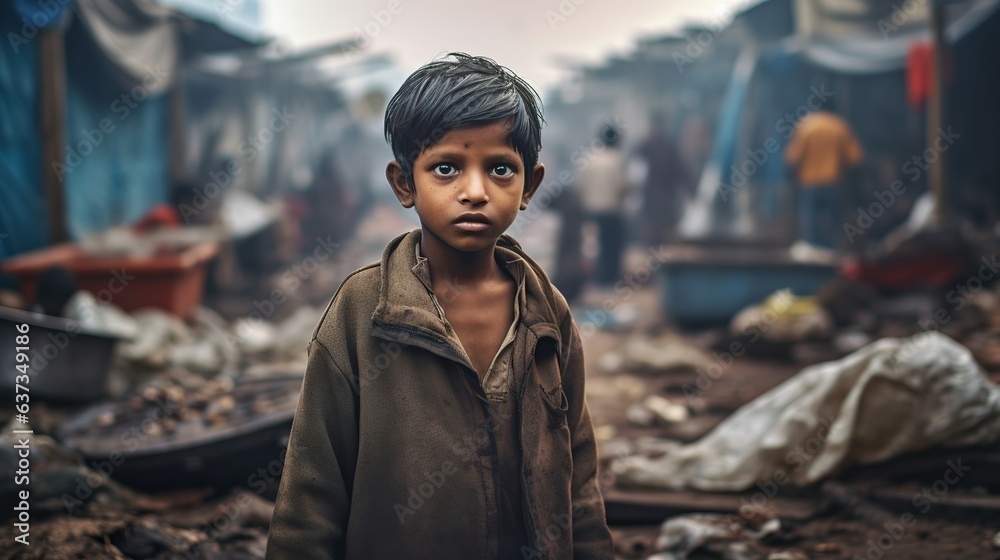 Hunger Poor Poverty. Social inequality, homeless indian kid begging for help, human rights, donate and charity for underprivileged children in third world. Generative AI