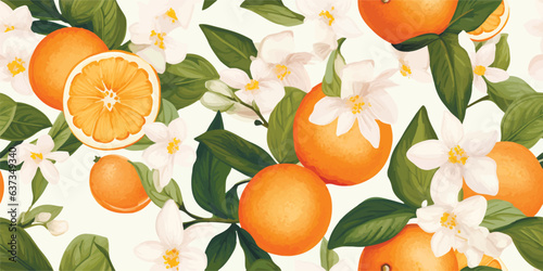 Orange Vintage background, pattern. Vector illustrations of oranges with flowers, leaves for poster, card or textile. Modern seamless pattern. Fashionable template for design or wedding invitations