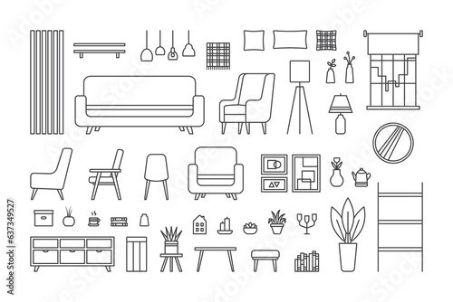 Cozy home interior design, icons set. Living room interior. Vector line illustration on white background