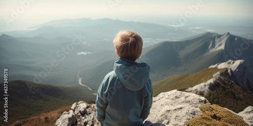 A hiking young blonde fair haired boy with a jacket stares out across a mountain landscape at the top of a high mountain © Nick