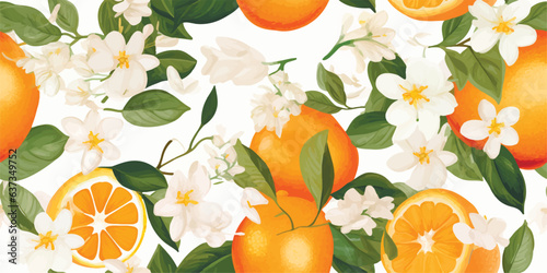 Orange Vintage background, pattern. Vector illustrations of oranges with flowers, leaves for poster, card or textile. Modern seamless pattern. Fashionable template for design or wedding invitations