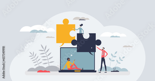 Content marketing strategy for audience engagement tiny person concept. Advertising publications in social media, influencer blogs, posts or stories as advertisement campaign vector illustration.