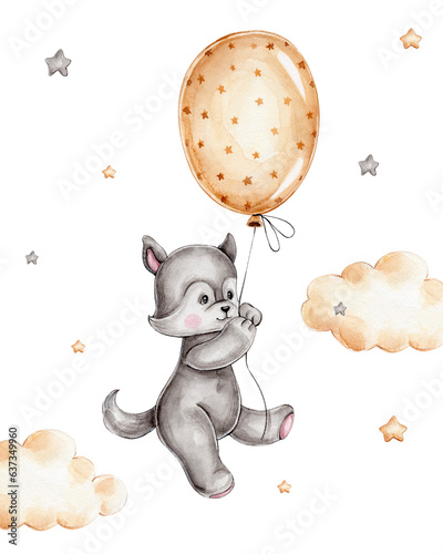 Watercolor little wolf flying with balloon  hand drawn illustration © Нина Новикова