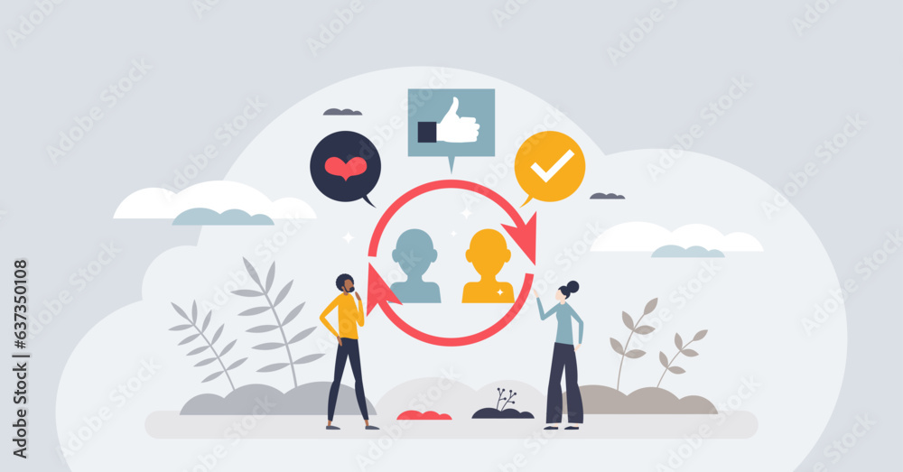 Influencer marketing as brand communication to audience tiny person concept. Celebrity work in social media for brand awareness promotions in stories or posts vector illustration. Engagement promo. Influencer marketing as brand communication to audience tiny person concept. Celebrity work in social media for brand awareness promotions in stories or posts vector illustration. Engagement promo.