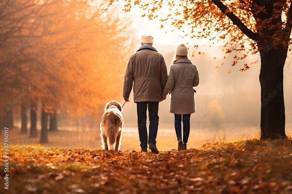 Der Bär Geht In Den Wald Wo Geht Er Hin Spaziergang mit dem Hund im Herbst. Ehepaar geht durch den Wald im Park