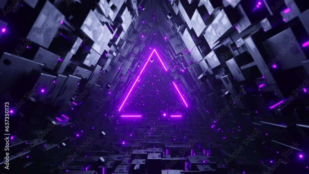 Seamless loop motion graphic of flying into triangle tech tunnel