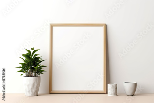 Blank wooden picture frame mockup in modern interior. Vertical template mock up for artwork, painting, photo or poster in interior design, generative AI © ASA Creative