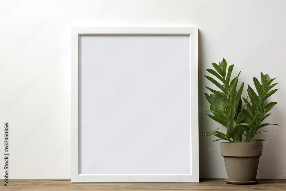 Blank wooden picture frame mockup in modern interior. Vertical template mock up for artwork, painting, photo or poster in interior design, generative AI	
