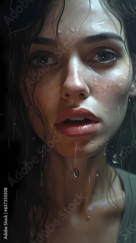 Close up portrait of woman in rain with big lips and blue eyes