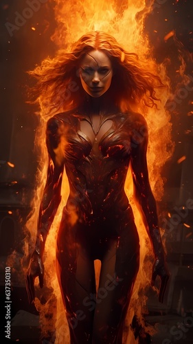 Woman with fire around her in superhero suit with fire particles around her