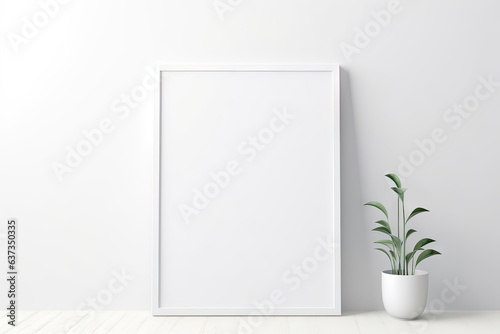 Blank wooden picture frame mockup in modern interior. Vertical template mock up for artwork, painting, photo or poster in interior design, generative AI 