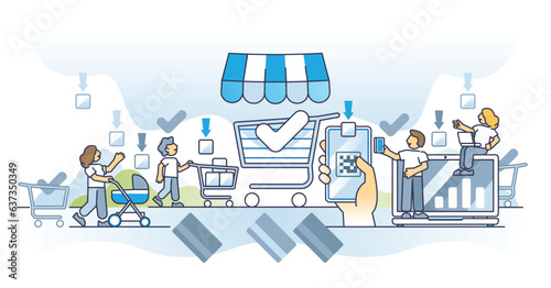 Rise of online shopping and internet web shop popularity outline concept. Popular e-commerce site with credit card purchases and fast checkout vector illustration. Distant electronic retail store.
