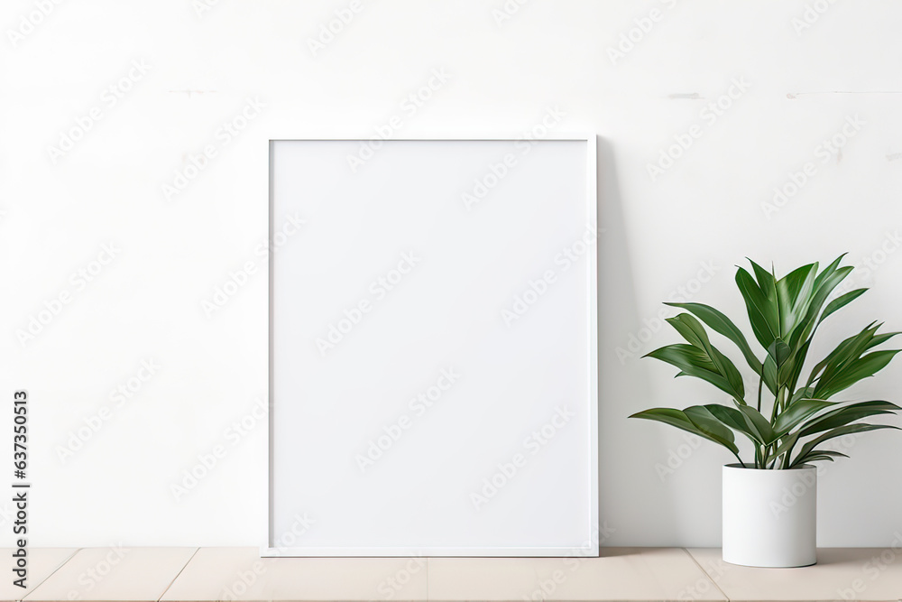 Blank wooden picture frame mockup in modern interior. Vertical template mock up for artwork, painting, photo or poster in interior design, generative AI	
