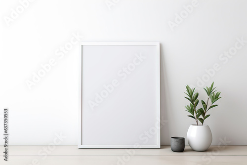 Blank wooden picture frame mockup in modern interior. Vertical template mock up for artwork, painting, photo or poster in interior design, generative AI 