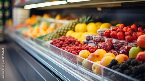 Fresh fruits and vegetables on shelf in supermarket. Healthy concept