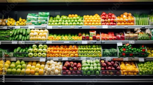 Fresh fruits and vegetables on shelf in supermarket. Healthy concept