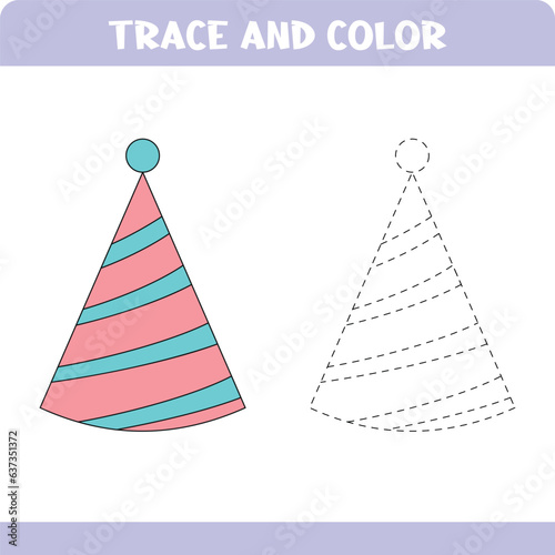 Trace and color objects party cap. Activity page for preschool kids. Educational worksheet for children