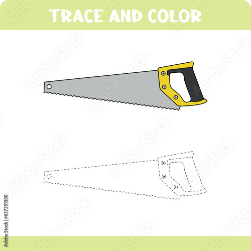 Trace and color game for kids education. Activity worksheet. Tracing objects. Saw