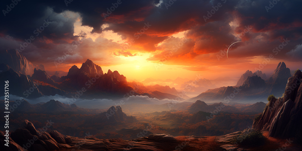 Sunrise sunset in mountains fabulous landscape of mountain peaks rays of the sun illuminate the slopes of the mountains