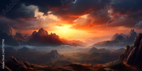 Sunrise sunset in mountains fabulous landscape of mountain peaks rays of the sun illuminate the slopes of the mountains