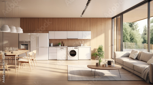 Stylish spacious kitchen and living room with refrigerator and washing machine overlooking cozy dining area with wooden ceiling next to open balcony on sunny day. generative Ai