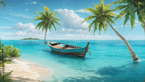  Tranquil Tropical Paradise  Create an image of a serene summer island scene with a boat anchored in turquoise waters  capturing coastal beauty. 