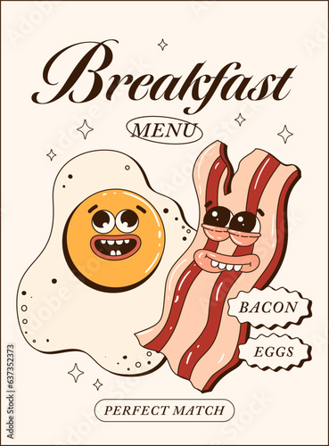 Trendy posters with funny characters. Best Breakfast with bacon and eggs.Branding mascots for cafe, restaurant, bar. Vector illustration.	