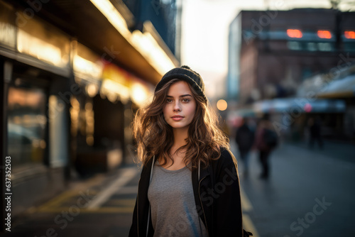 Portrait of a young woman in a city scene. Generative AI. © JuanM