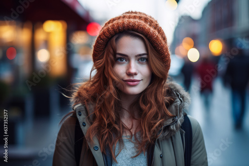 Portrait of a young woman in a city scene. Generative AI. © JuanM