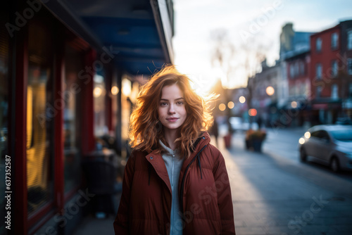 Portrait of a young woman in a city scene. Generative AI.