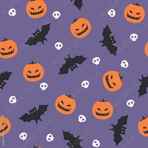Bats, pumpkins and skull on dark background seamless pattern. Happy Halloween. Vector illustration