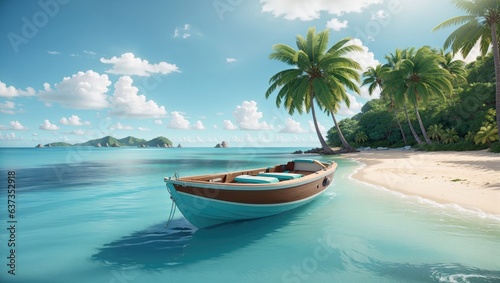 "Tranquil Tropical Paradise: Create an image of a serene summer island scene with a boat anchored in turquoise waters, capturing coastal beauty."