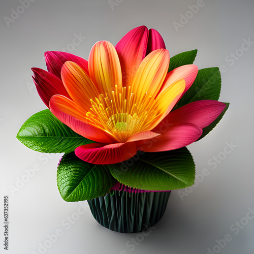 A beautiful flower with large red petals and a yellow core in an old clay vase is a wonderful holiday decoration.