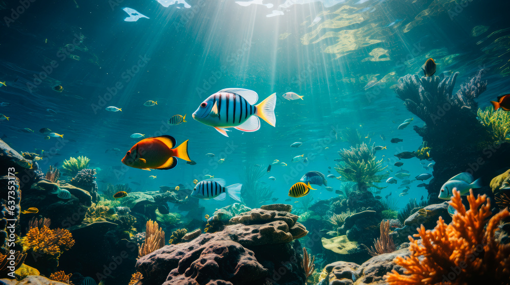 Naklejka premium Coral and fish in the clear sea water