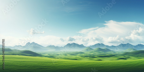 Landscape consist of lawn or green field or meadow, mountain. Include blue sky, clouds and sunlight. Rural area with nature at countryside. Beautiful scenery and empty space at outdoor for background.