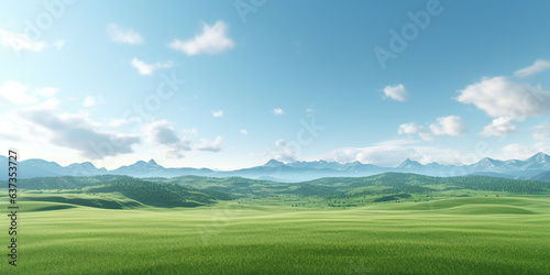 Landscape consist of lawn or green field or meadow  mountain. Include blue sky  clouds and sunlight. Rural area with nature at countryside. Beautiful scenery and empty space at outdoor for background.