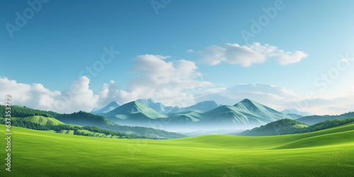 Landscape consist of lawn or green field or meadow, mountain. Include blue sky, clouds and sunlight. Rural area with nature at countryside. Beautiful scenery and empty space at outdoor for background.