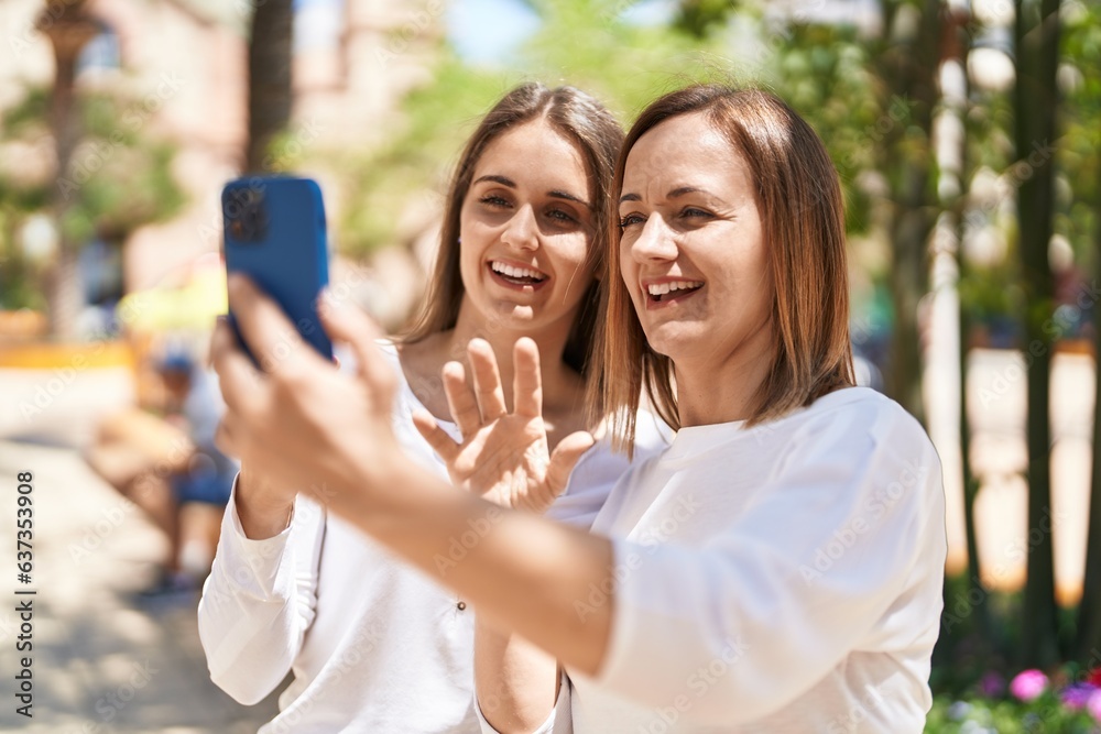 Two women mother and daughter having video call at park Two women mother and daughter having video call at park