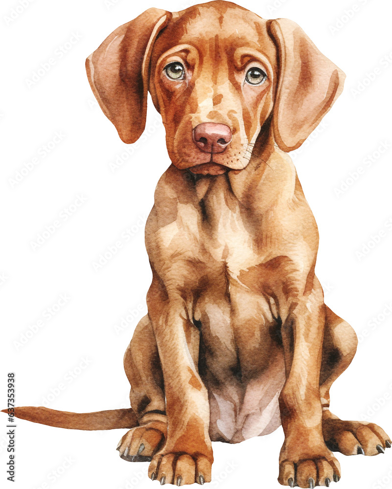 Vizsla puppy sitting watercolor illustration created with Generative AI technology