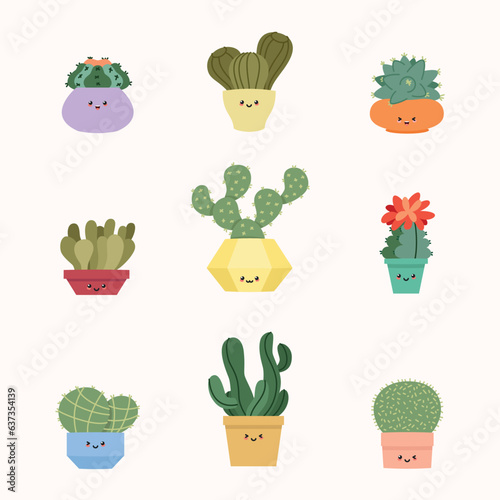 Set of cute cactuses. Flat illustration of kawaii smiling succulents in flower pots. Vector 10 EPS.