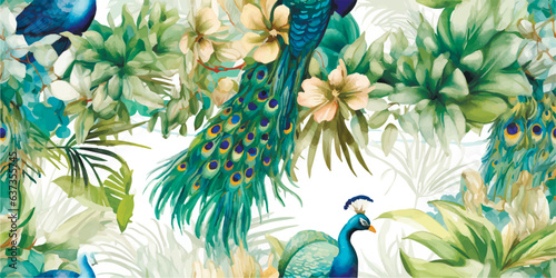 Luxurious peacock, plants and flowers. Vector Vintage Modern seamless pattern of tropical palm leaves, fern, peacock feather, butterfly for pattern, wallpaper or background. Fashionable template