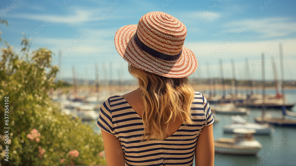 Nautical Adventure: A sailor's cap paired with a striped top, overlooking a serene harbor dotted with sailboats. 