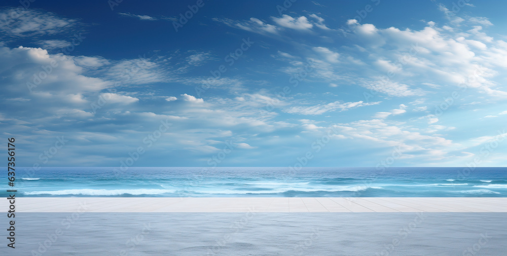 Obraz premium Natural blurred defocused background for concept summer vacation. Nature of tropical summer beach with sun in haze. Light sand beach, ocean water sparkles against blue sky.
