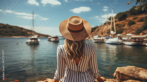 Nautical Adventure: A sailor's cap paired with a striped top, overlooking a serene harbor dotted with sailboats.  © Kateryna Arkhypova