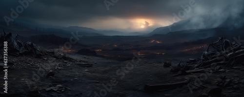 Eternal Twilight: Digital Illustration of Witnessing the End of the World - Apocalyps, Apocaliptic world, Fire, Smoke, Ruins, Trash, Destruction, Survival, Apocalyptic, Aftermath, Dystopian, Wasteland