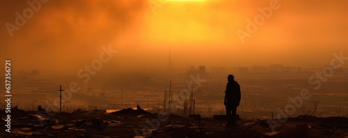 Eternal Twilight: Digital Illustration of Witnessing the End of the World - Apocalyps, Apocaliptic world, Fire, Smoke, Ruins, Trash, Destruction, Survival, Apocalyptic, Aftermath, Dystopian, Wasteland