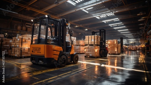 Forklift moving pallets in a warehouse. AI generated