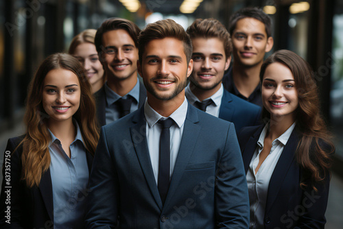 a row of Caucasian businesspeople poses for a group photo  showcasing their collective vision for the successful business corporation