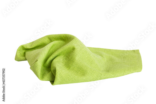 Green textile napkin isolated on white background. Folded decorative kitchen cotton towel. Top view