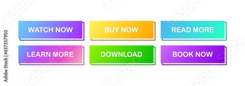 View buttons. Flat, color, watch now, buy now, learn more, read more, download, book now buttons. Vector icons
